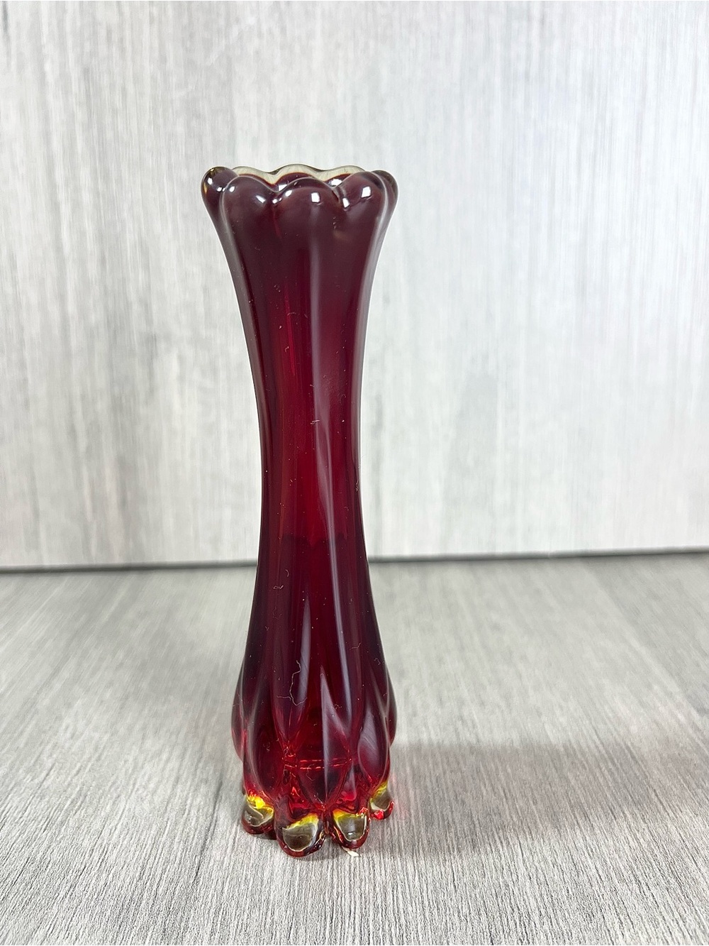 Fostoria Ruby Red Swung Glass Vase 7" Amber Yellow Base Feet MCM Art Glass